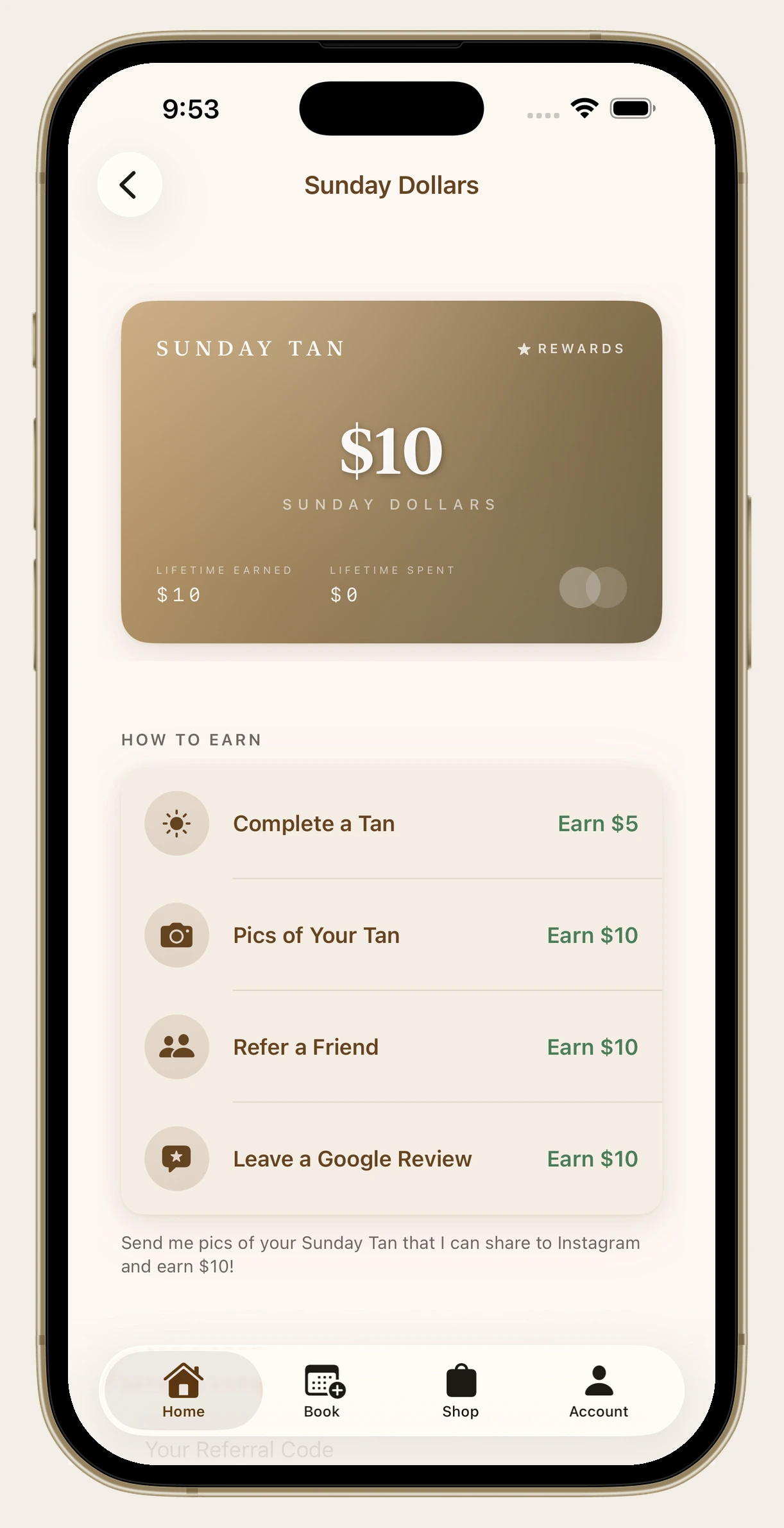 Sunday Dollars rewards card and earning options in the Sunday Tan app