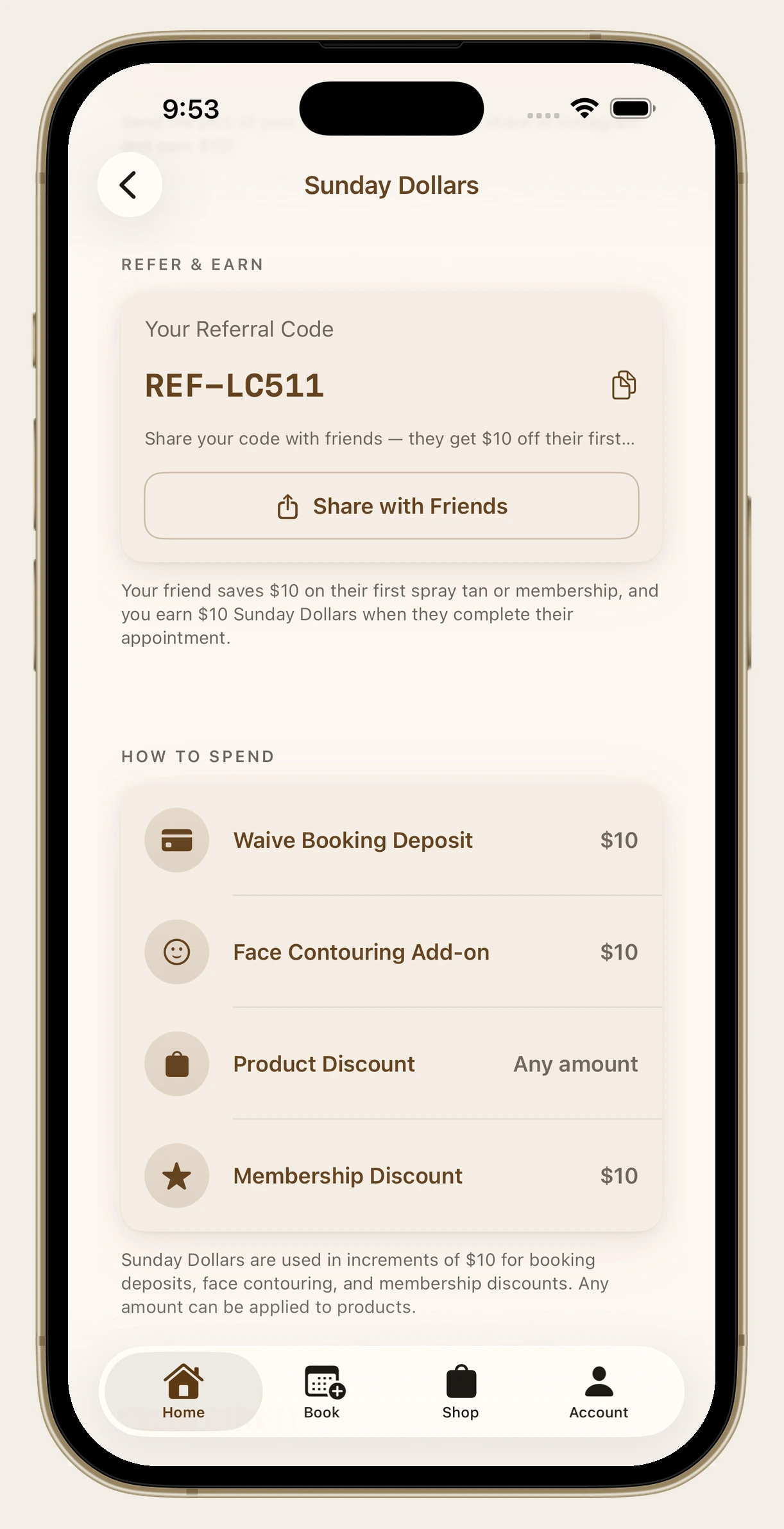 Sunday Dollars spending options and referral code in the Sunday Tan app