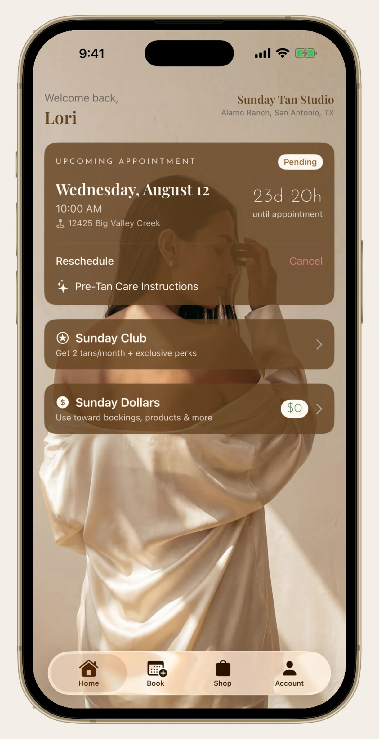 Upcoming appointment card in the Sunday Tan app with a countdown, reschedule and cancel options