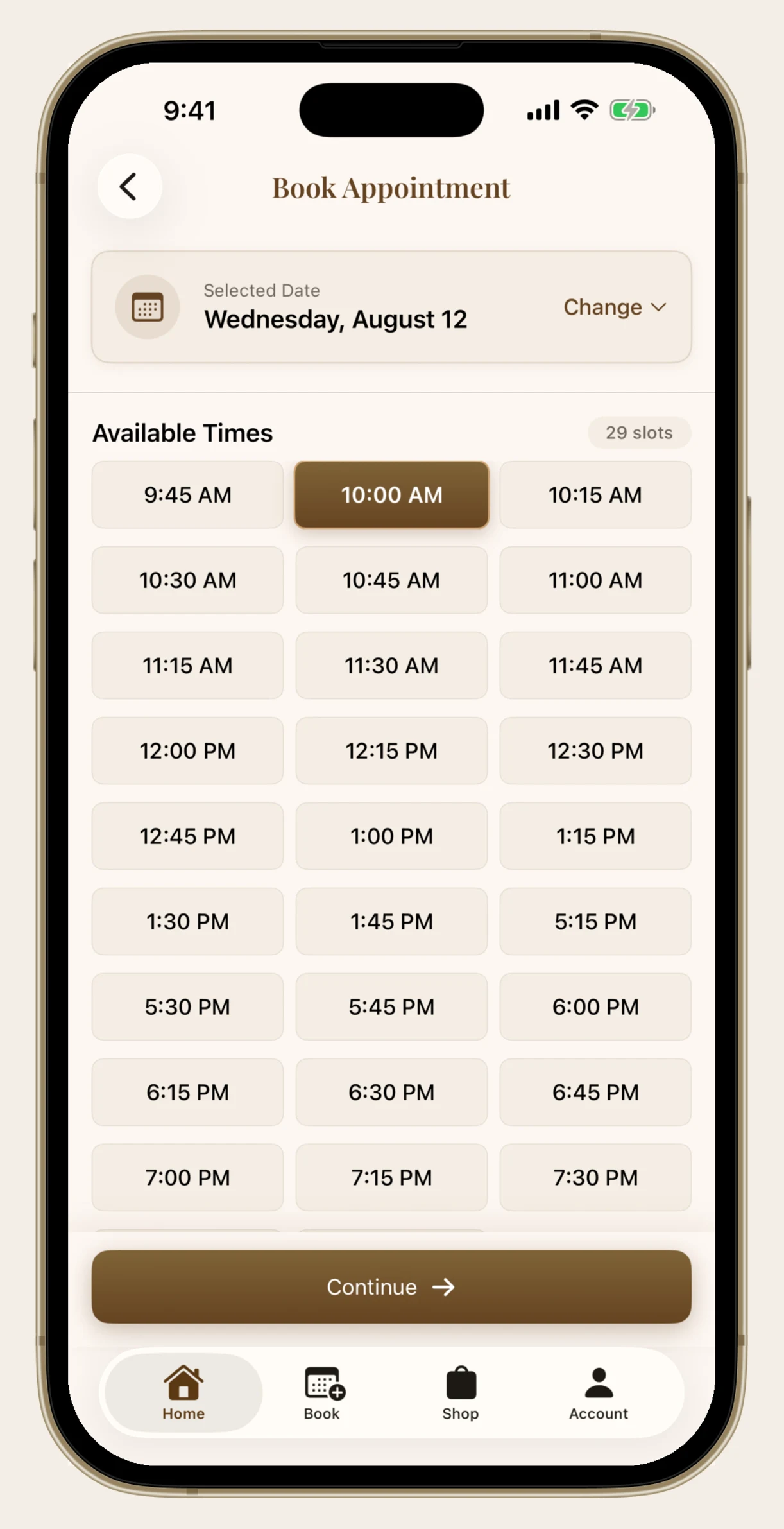 Available appointment times for a selected date in the Sunday Tan app