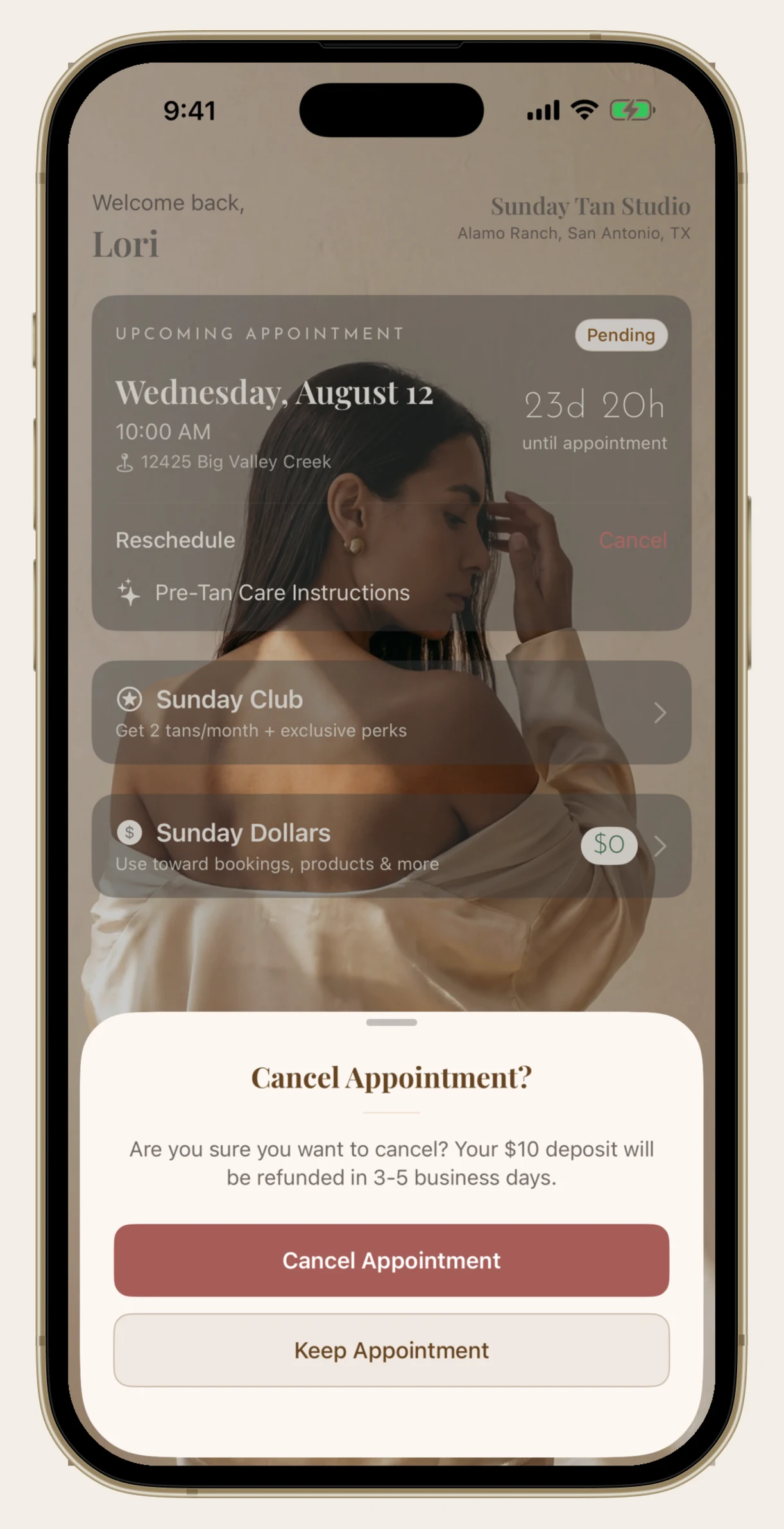 Cancel appointment confirmation in the Sunday Tan app explaining the deposit refund