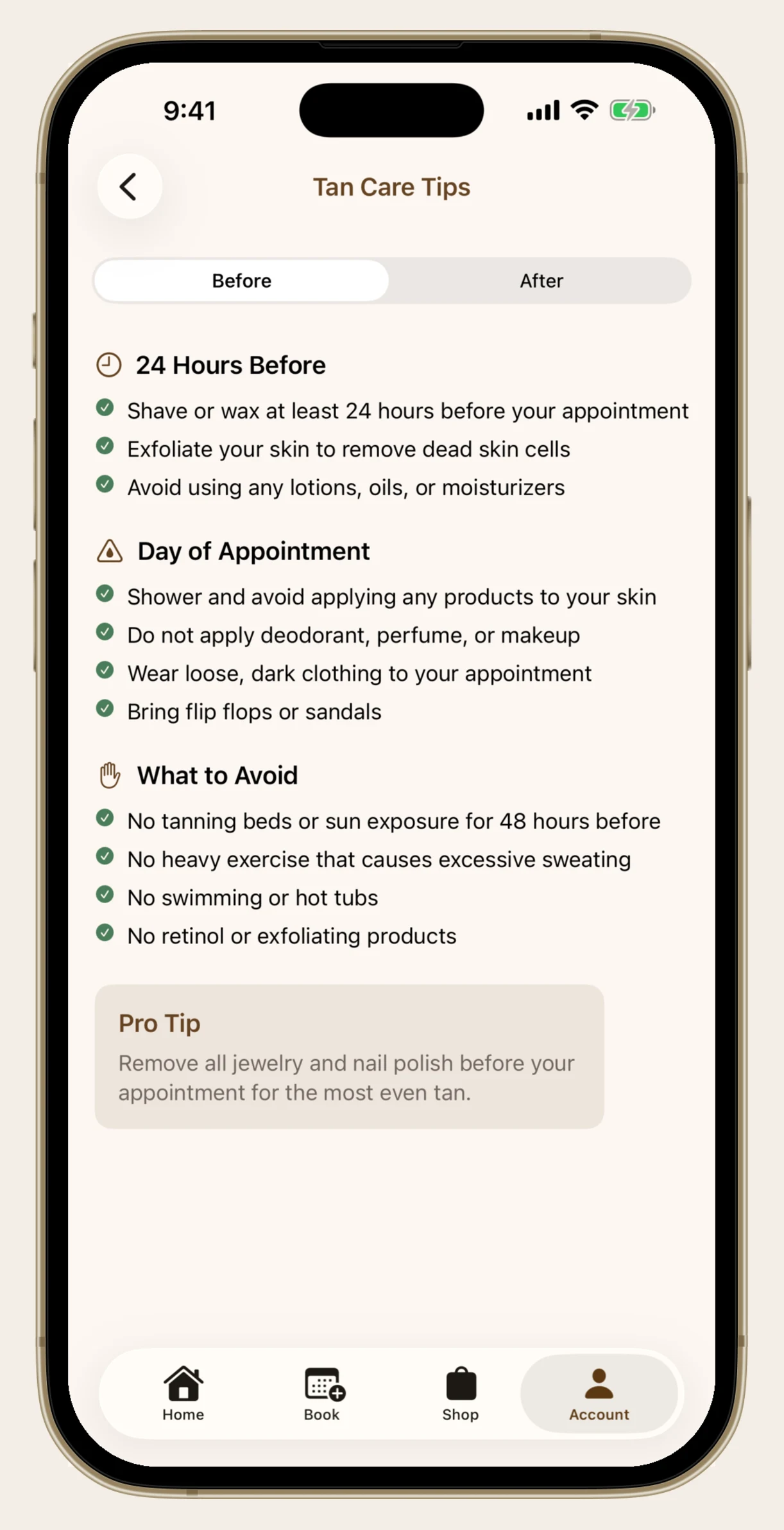 Pre-tan care checklist in the Sunday Tan app covering the 24 hours before an appointment