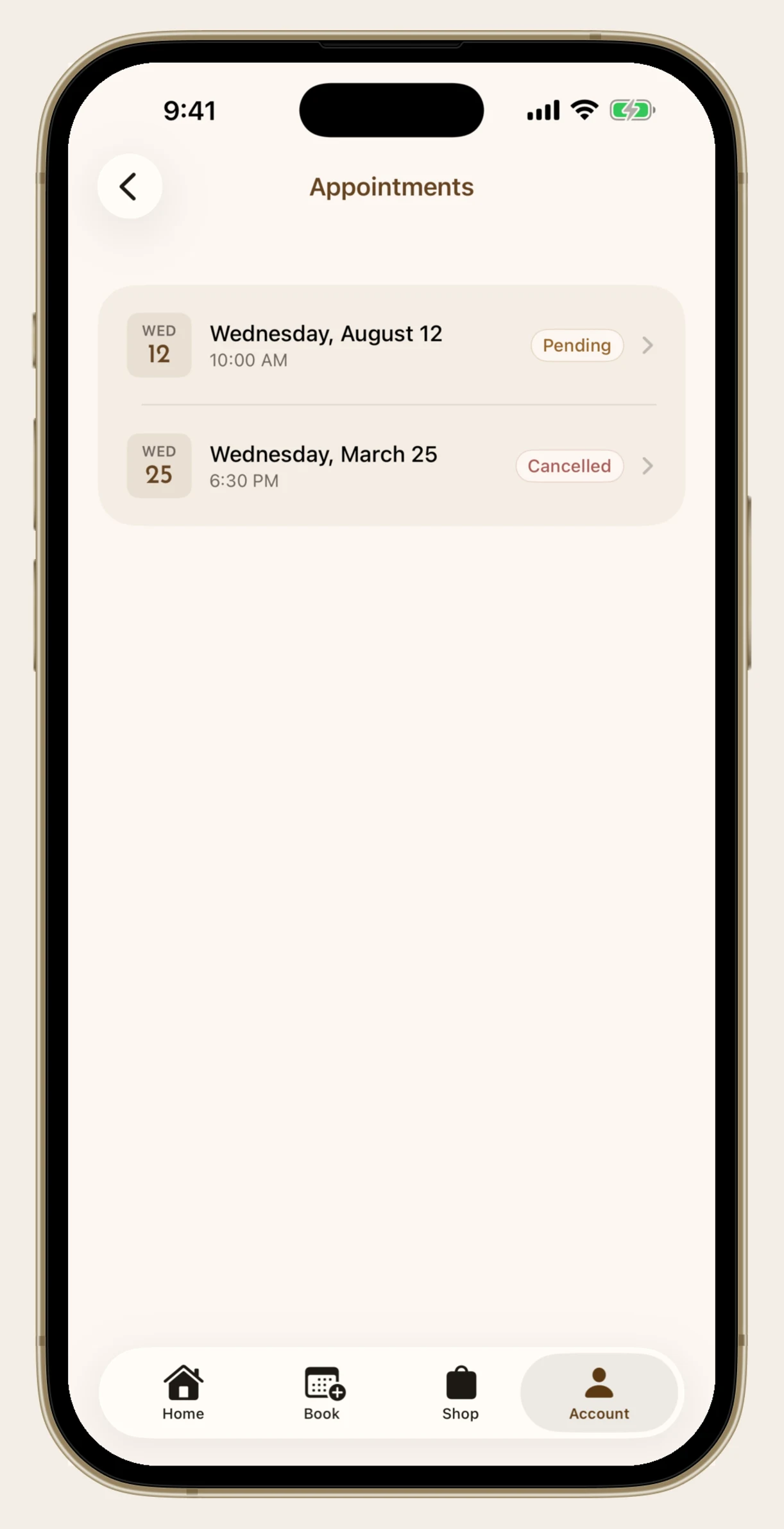Appointment history list in the Sunday Tan app showing past and upcoming appointments with status labels