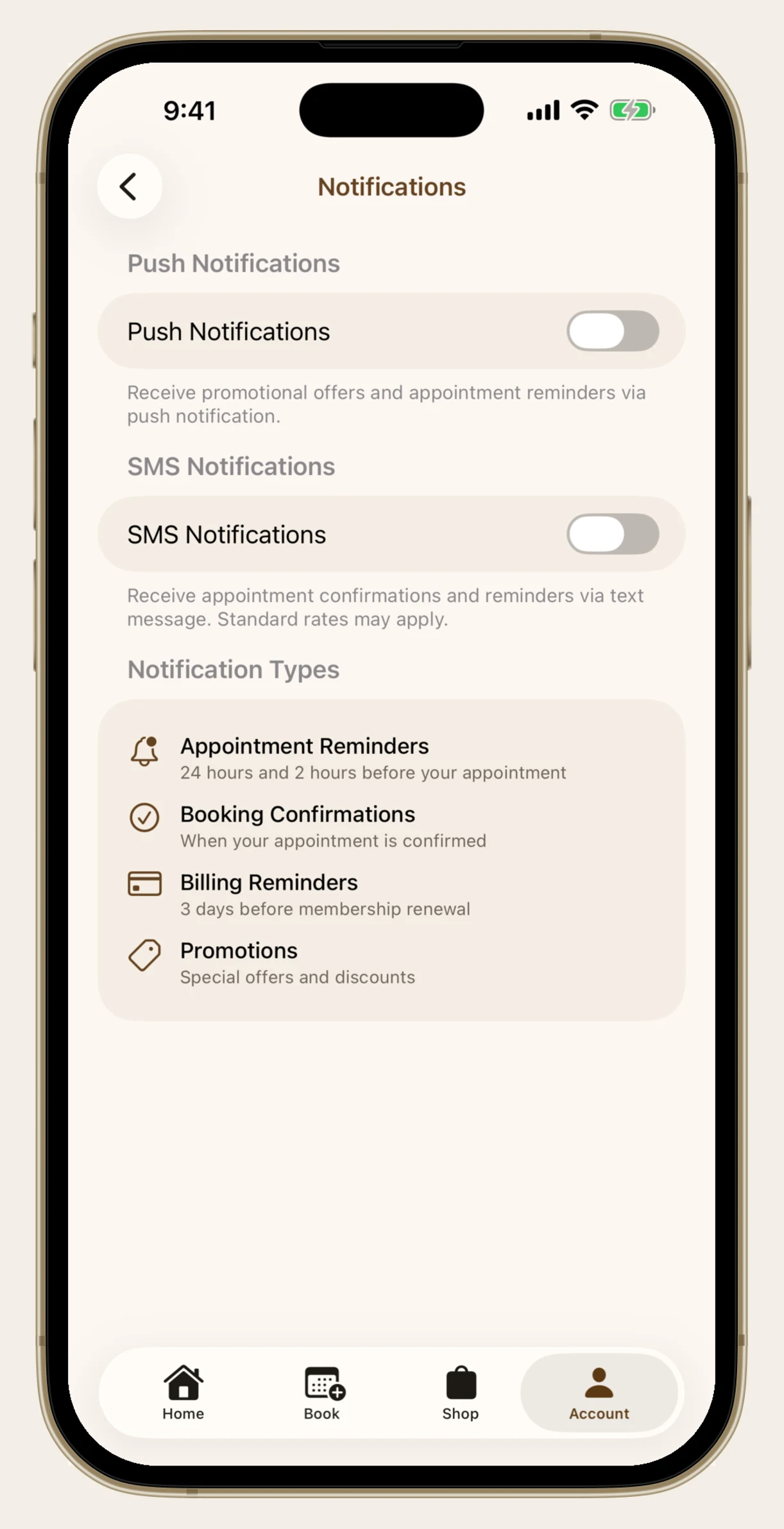 Notification settings in the Sunday Tan app with push and SMS toggles