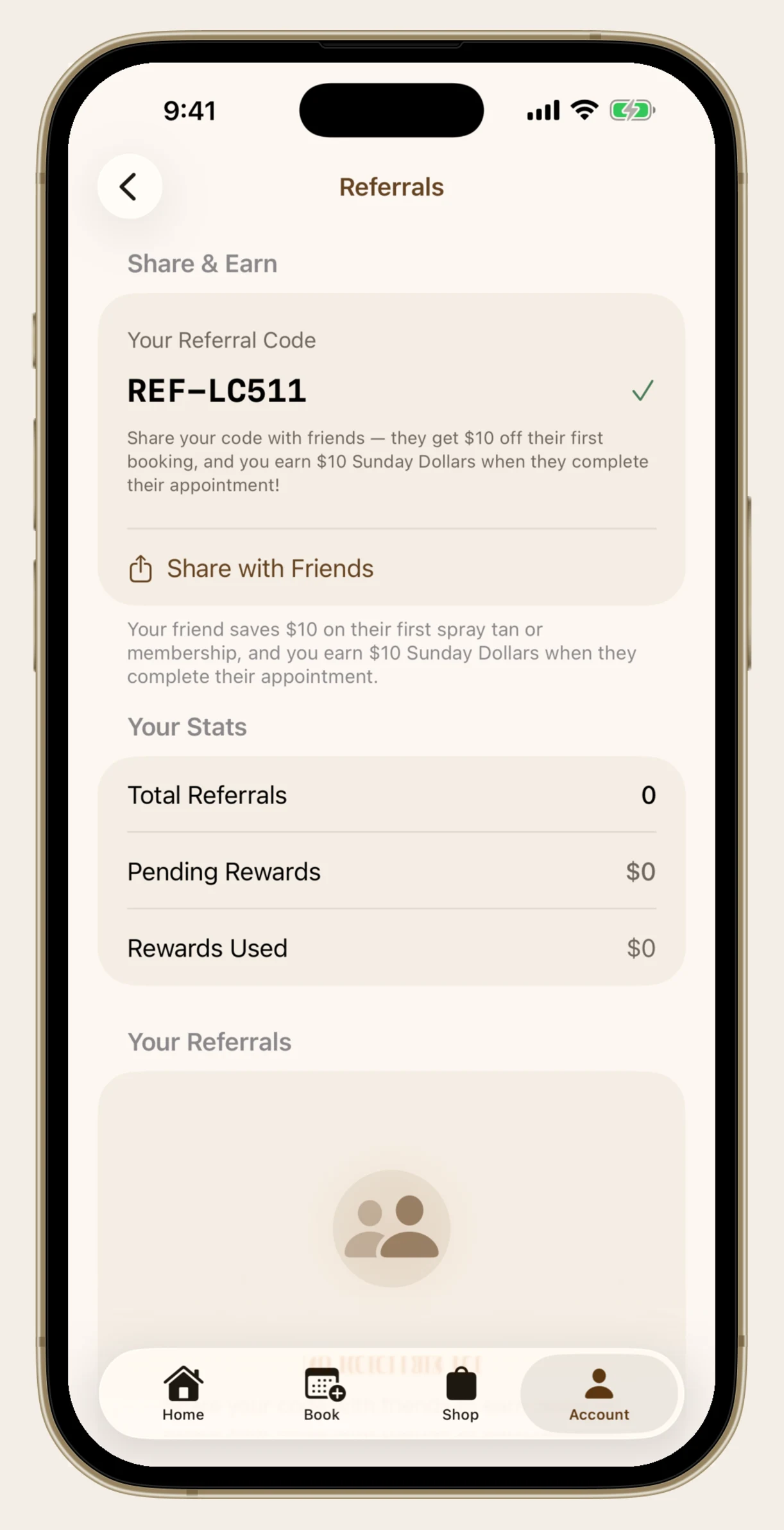 Referral code screen in the Sunday Tan app with a copy button and share option