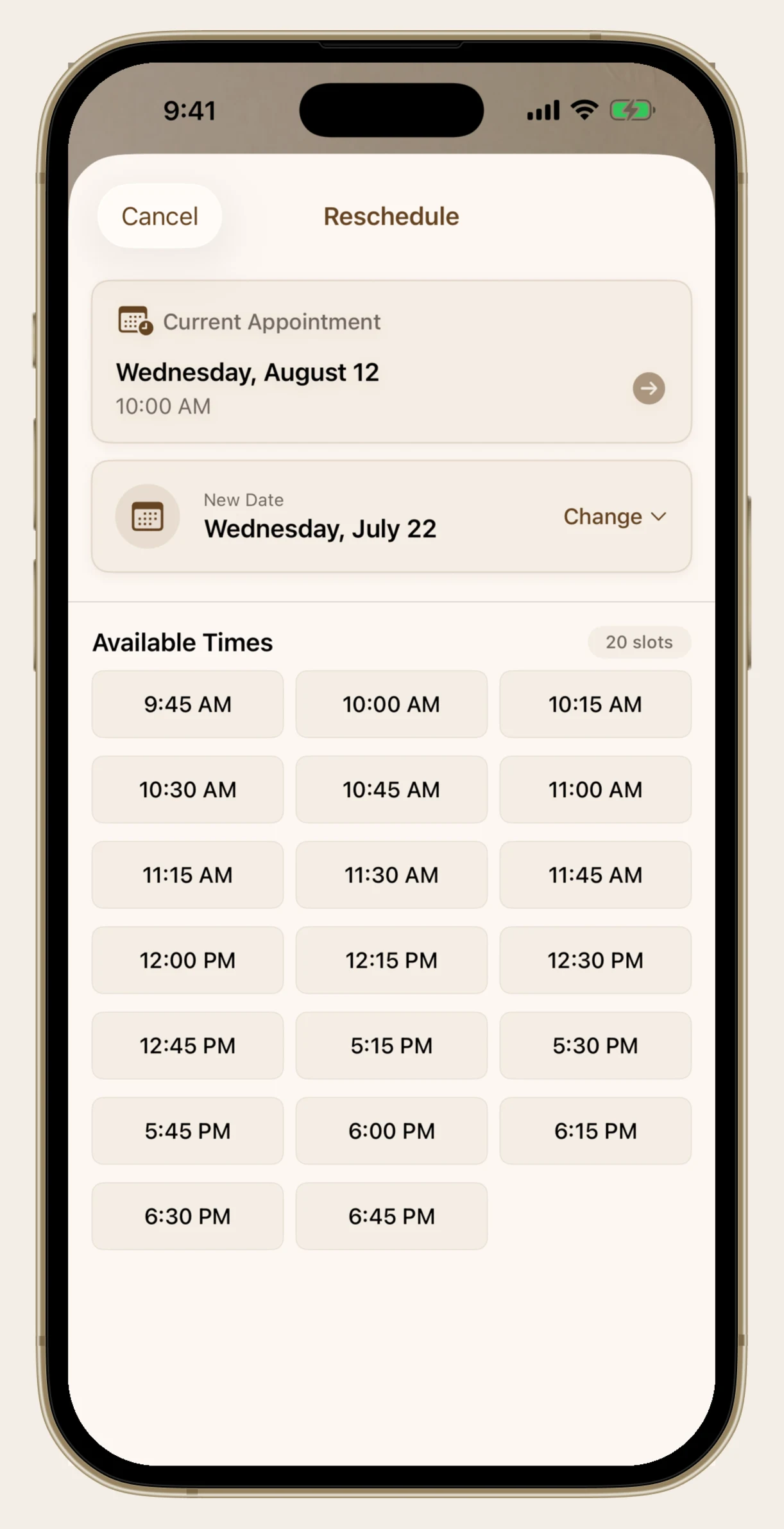 Rescheduling an appointment in the Sunday Tan app, showing the current appointment and new available times