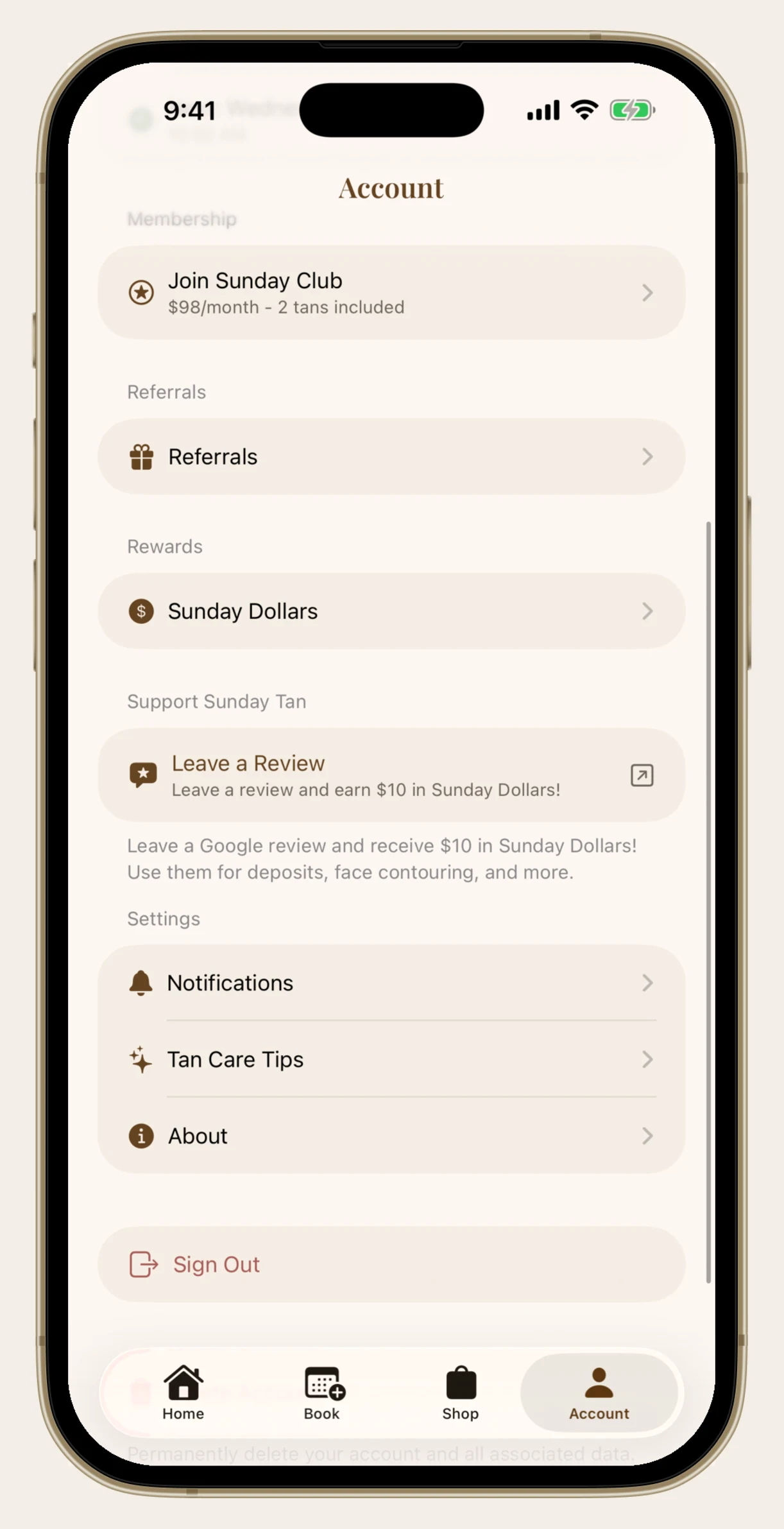 Account menu in the Sunday Tan app showing the Leave a Review option, notifications and tan care tips