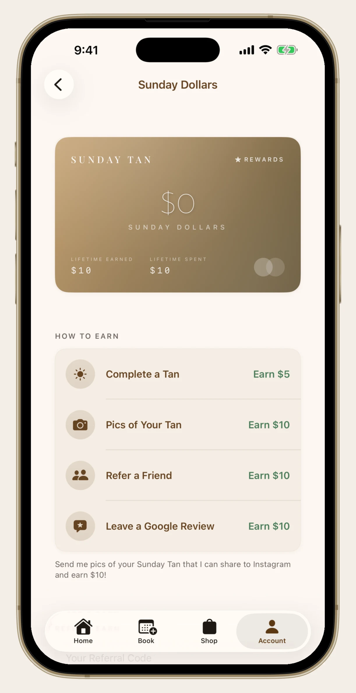 Sunday Dollars balance card and earning options in the Sunday Tan app