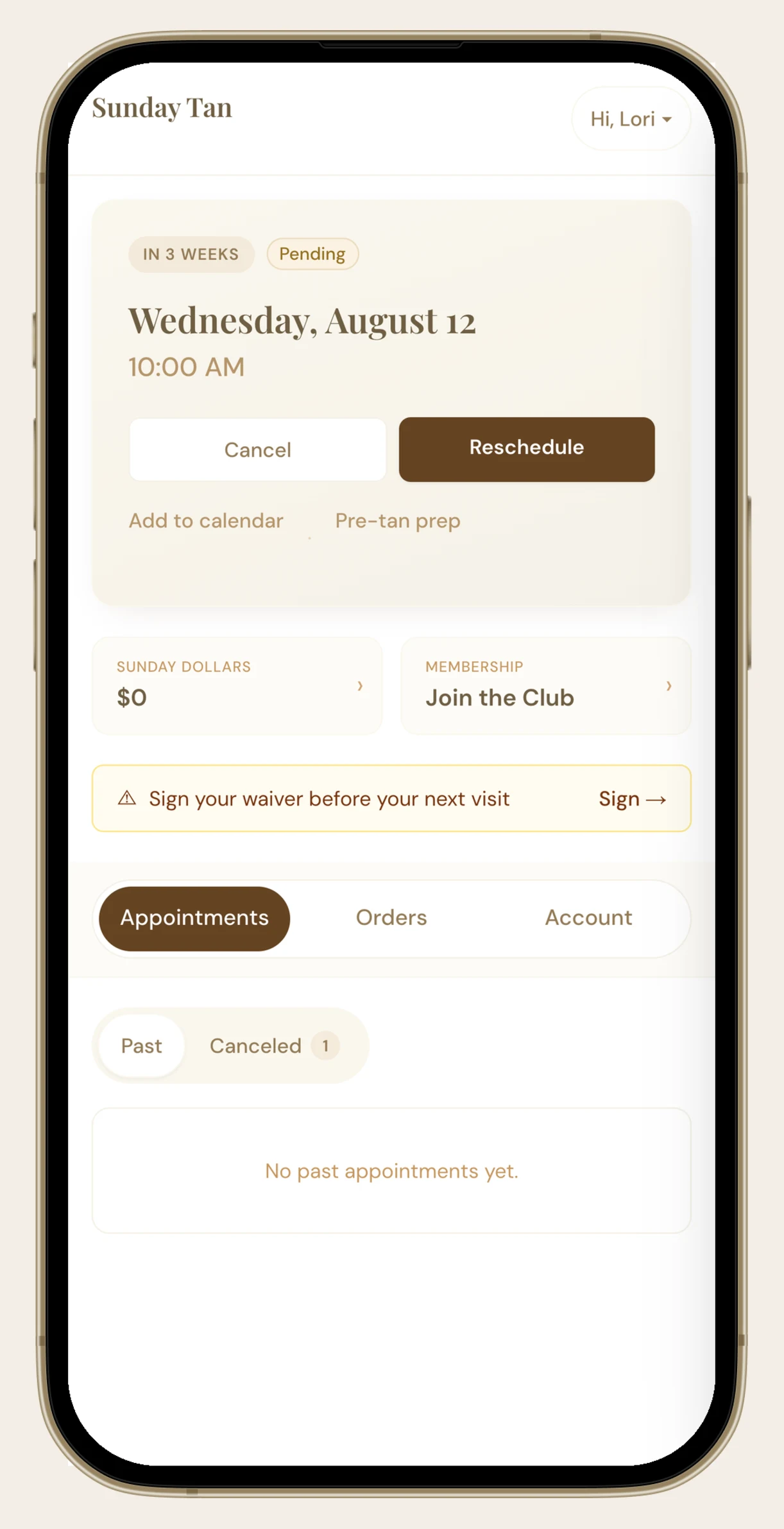 The Sunday Tan website account page showing the next appointment with cancel and reschedule buttons